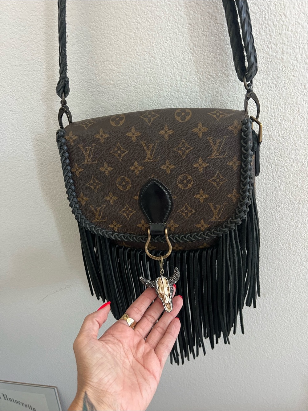 LV Vintage Boho Bag Monogram Fringe Crossbody in Brown and Black with Horn Charm